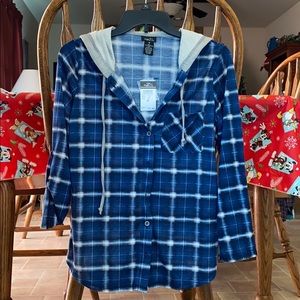Rue21 Blue Flannel Button Down with Hoodie